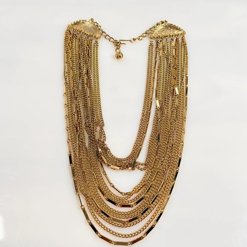 Vintage Multi Strand Necklace Bib Gold Tone Chain  Adjustable 17